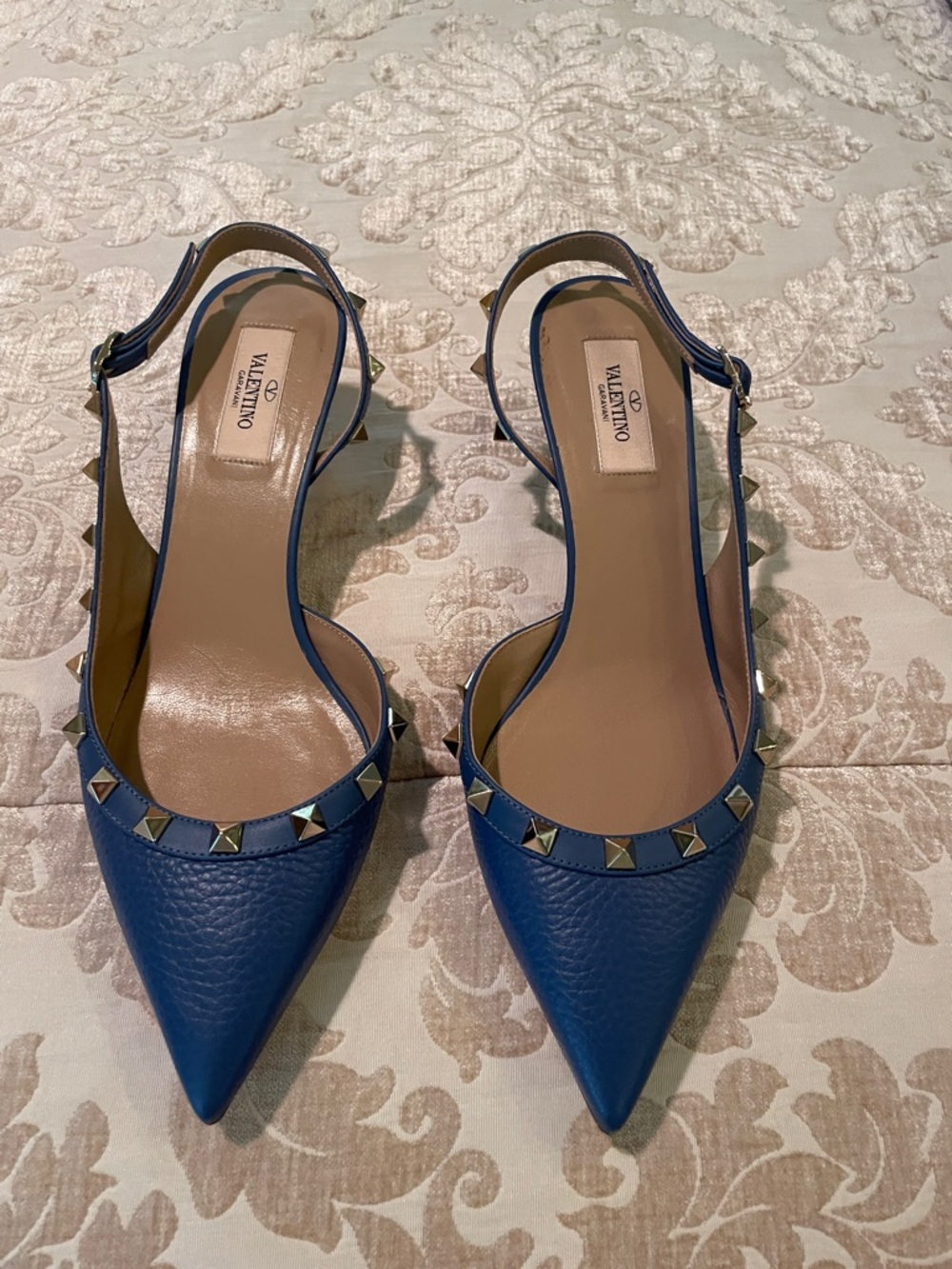 Valentino Blue Leather Rockstud Pointed Slingback Pumps